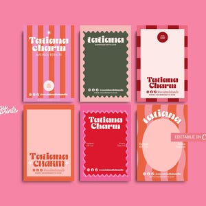 May include: A collection of six colorful business card templates with the text "Tatiana Charm" in various fonts and designs. The cards feature pink, orange, red, and green backgrounds with wavy and striped patterns. The phrase "Handmade with love" is also included.