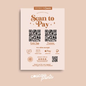 Bearbeitbare QR-Code-Schildvorlage, druckbares Scan-to-Pay, Venmo-Zahlungsschild, Scan-To-Paypal-CashApp-Venmo-Zeichen Anpassbare Canva - Daisy