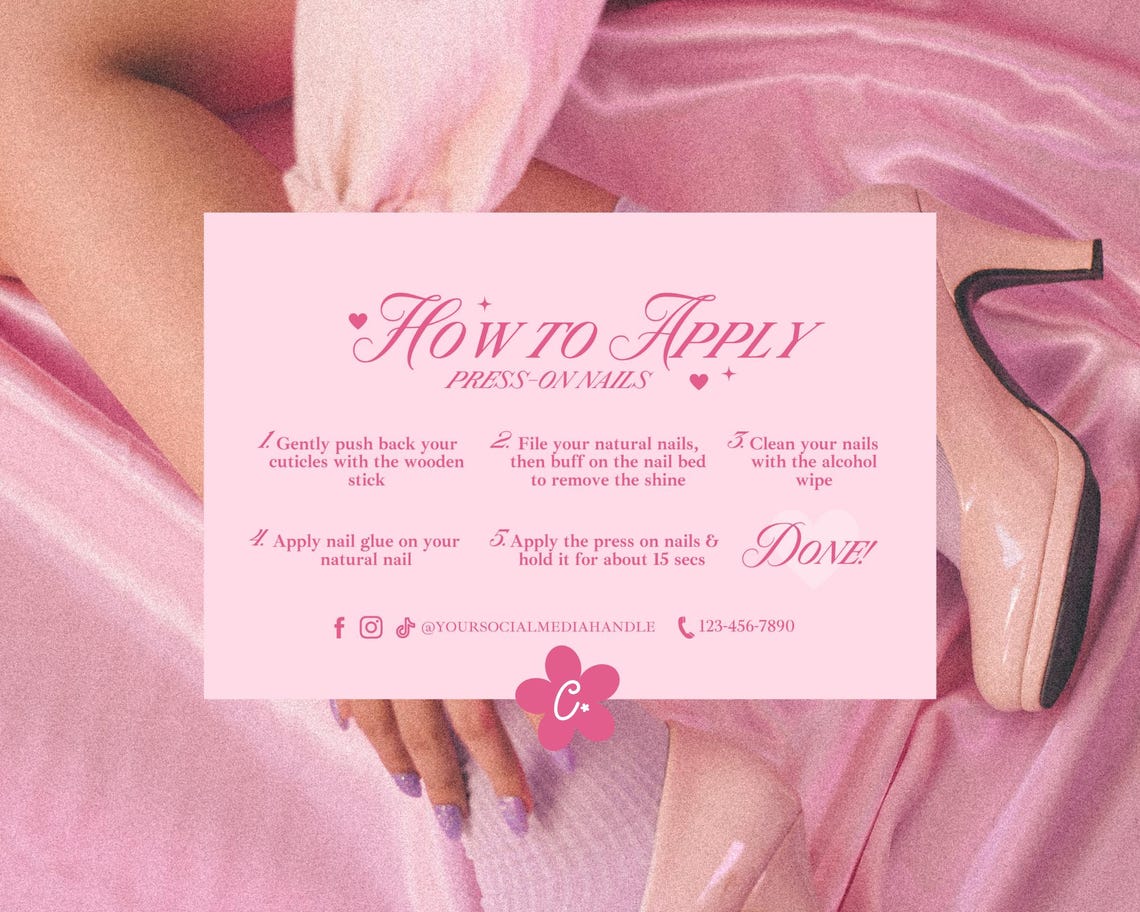 Pink How to Apply Press on Nails Instructions Card, Editable Fake Nails ...