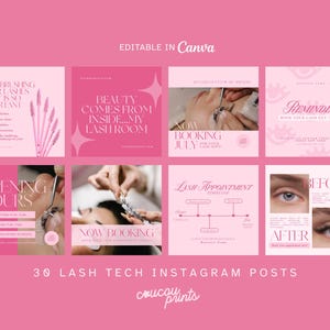 Pink Lash Tech Instagram Post Templates, Lash Business Instagram, Lash Extension Social Media Template, Lash Content Branding Kit Canva, Feb