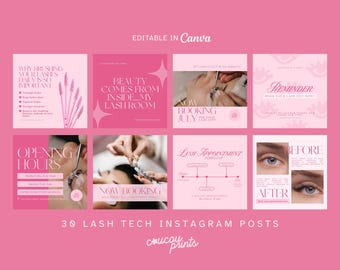 Pink Lash Tech Instagram Post Templates, Lash Business Instagram, Lash Extension Social Media Template, Lash Content Branding Kit Canva, Feb