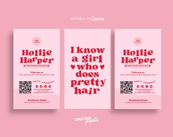 Plantilla de tarjeta de presentación para estilistas con código QR, tarjeta de visita DIY, tarjeta de presentación rosa imprimible, tarjeta de presentación editable para salón de belleza en Canva - Sofi