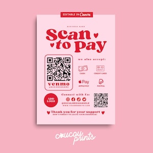 Edytowalny szablon skanowania do płatności, drukowany kod QR, znak akceptowanej płatności, znak płatności CashApp PayPal Venmo, płatność cyfrowa Canva, Sofi