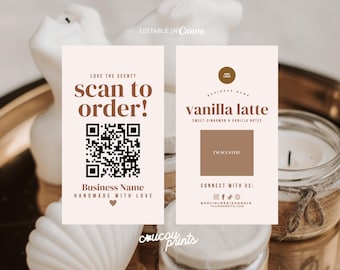 May include: Two rectangular business cards with a light pink background and dark brown text. The left card features a QR code and the text scan to order. The right card displays the text vanilla latte, sweet cinnamon & vanilla notes, and social media icons.