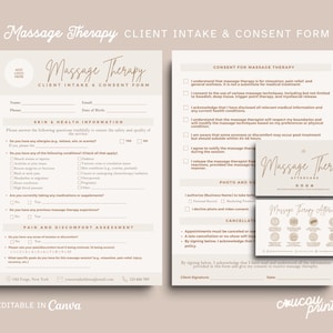 May include: Beige and white massage therapy forms with the text "Massage Therapy CLIENT INTAKE & CONSENT FORM". The forms include sections for client information, health details, and consent. There are also business cards with the text "Massage Therapy Aftercare".