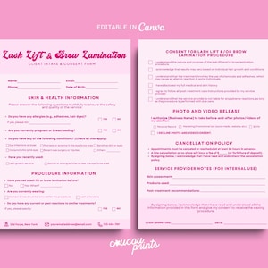 May include: A two-page Lash Lift & Brow Lamination client intake and consent form template in light pink with dark pink text. The document includes sections for skin and health information, procedure details, consent, photo release, and cancellation policy.