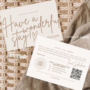 Cartão de Boas-Vindas do Airbnb para Hóspedes, Cartão de Agradecimento Editável para Anfitriões do Airbnb, Solicitação de Avaliação, Modelo de Marketing do Airbnb com Código QR Canva, Elle