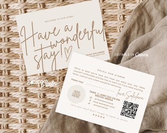 Tarjeta de bienvenida de Airbnb para huéspedes, tarjeta de agradecimiento editable para anfitriones de Airbnb, solicitud de calificación de reseñas, plantilla de marketing de Airbnb con código QR en Canva, Elle