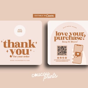 Può includere: Due biglietti quadrati con sfondo color pesca chiaro. Uno dice "grazie" in corsivo marrone con il testo "per il tuo ordine" sotto. L'altro dice "ti piace il tuo acquisto?" con una grafica del telefono e un codice QR.