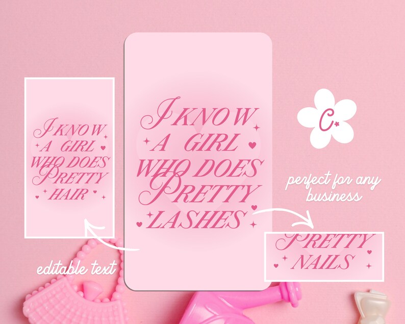 Puede incluir: Una tarjeta rectangular rosa con texto rosa oscuro que dice I KNOW A GIRL WHO DOES PRETTY LASHES junto a peque&ntilde;os iconos de estrellas y corazones. Elementos de texto adicionales incluyen I KNOW A GIRL WHO DOES PRETTY HAIR y PRETTY NAILS.