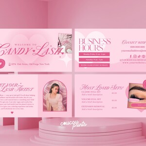 May include: A pink and white business card design for Candy Lash, featuring the business name, address, and contact information. The design includes hearts, stars, and a photo of a woman. The card also lists business hours and services.