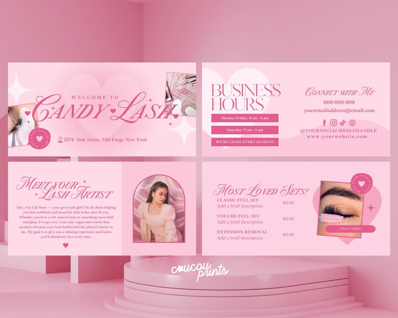 May include: A pink and white business card design for Candy Lash, featuring the business name, address, and contact information. The design includes hearts, stars, and a photo of a woman. The card also lists business hours and services.