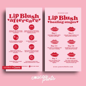 Plantilla de cuidado posterior del rubor labial PMU, Etapas de curación del rubor labial, Tarjeta de cuidado del maquillaje permanente, Cuidado de negocios de belleza, Instrucciones para la tarjeta PMU - Sofi