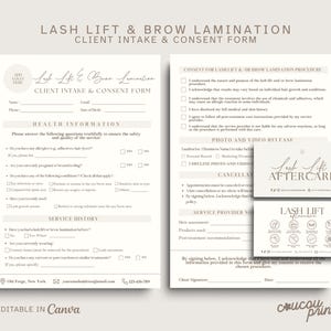 Può includere: Un modulo beige di accettazione e consenso per Lash Lift & Brow Lamination. Il modulo include sezioni per informazioni sanitarie, cronologia dei servizi e consenso. Sono incluse anche due biglietti da visita.