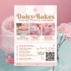 Ładny szablon ulotki marketingowej piekarni Canva, gotowy szablon ulotki biznesowej na temat ciasta babeczkowego, ulotka biznesowa na temat ciasteczek DIY, ulotka sklepu z deserami do pieczenia, niebo