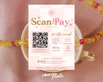 Editable QR Code Sign Template, Printable Scan to Pay, Venmo Payment Sign, Scan To Paypal CashApp Venmo Sign Customizable Canva - Sky