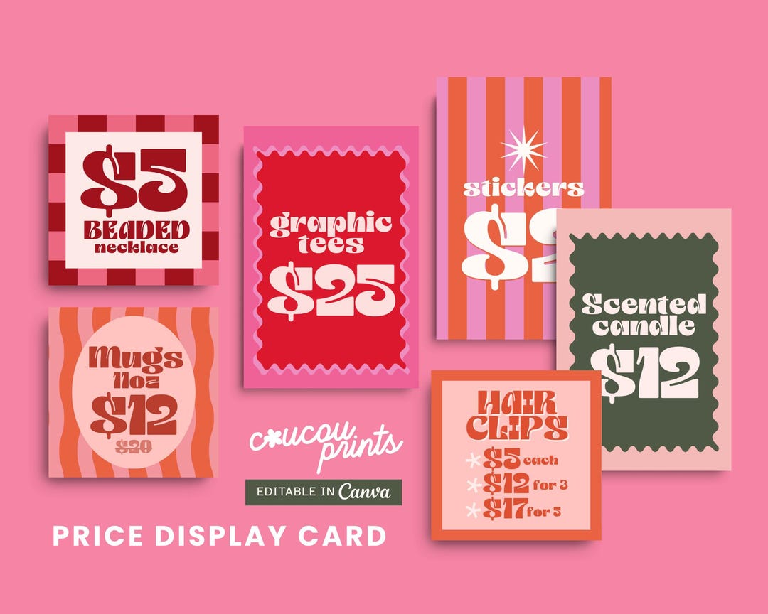 Price Display Cards Editable Canva Template, Retro Printable Price ...