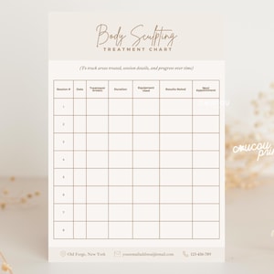 May include: A beige Body Sculpting Treatment Chart with a grid for tracking treatment details and progress. The chart includes sections for session number, date, treatment areas, duration, equipment used, results noted, and next appointment. The text "Body Sculpting Treatment Chart" is at the top.