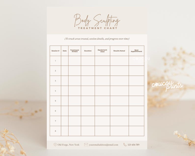May include: A beige Body Sculpting Treatment Chart with a grid for tracking treatment details and progress. The chart includes sections for session number, date, treatment areas, duration, equipment used, results noted, and next appointment. The text "Body Sculpting Treatment Chart" is at the top.
