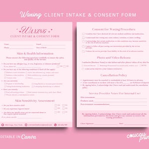 May include: Pink client intake and consent form for waxing services. The form includes sections for client information, skin and health details, skin sensitivity assessment, and consent for the waxing procedure. The form is editable in Canva.