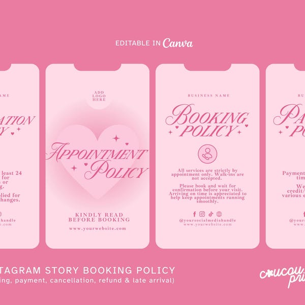 Roze sjabloon boekingsbeleid Canva, betalingsbeleid Instagram Story, restitutie- en annuleringsbeleid, algemene voorwaarden salon, februari