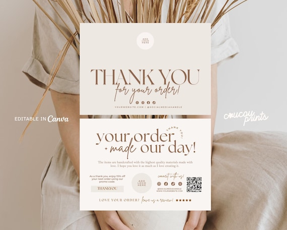 Editable Thank You Card Template, Custom Thank You Package Insert, Printable Thanks For Your Purchase Card, Business Packaging | Elle