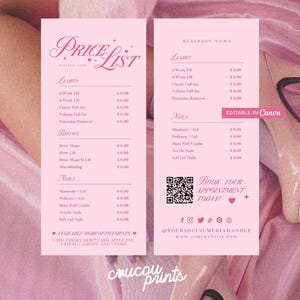 Plantilla de lista de precios para salón de uñas rosa en Canva, cartel de pago imprimible para hacer tú mismo, lista de precios personalizada para salón de belleza, plantilla de hoja de precios para spa - Febrero