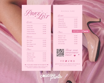 May include: A light pink vertical price list template featuring sections for lashes, brows, and nails. The text includes "PRICE LIST," "BOOK YOUR APPOINTMENT TODAY!," and social media icons. A QR code is present, along with a pink "EDITABLE IN CANVA" tag.