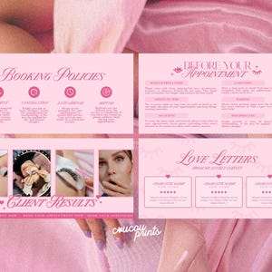 May include: Pink promotional material with text about booking policies, before appointment instructions, client results, and love letters. The text includes information about payment, cancellations, late arrivals, and refunds. The material also features images of eyelash extensions.