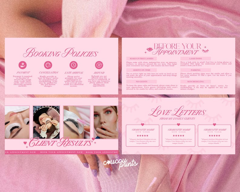 May include: Pink promotional material with text about booking policies, before appointment instructions, client results, and love letters. The text includes information about payment, cancellations, late arrivals, and refunds. The material also features images of eyelash extensions.