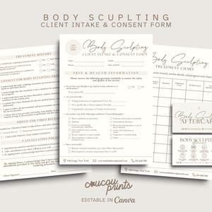 May include: A set of printable body sculpting forms, including a client intake form, treatment chart, and aftercare card. The forms are in a minimalist style with a neutral color palette and are editable in Canva.