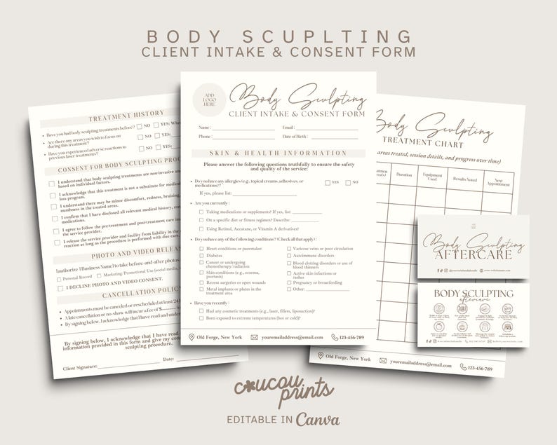 May include: A set of printable body sculpting forms, including a client intake form, treatment chart, and aftercare card. The forms are in a minimalist style with a neutral color palette and are editable in Canva.