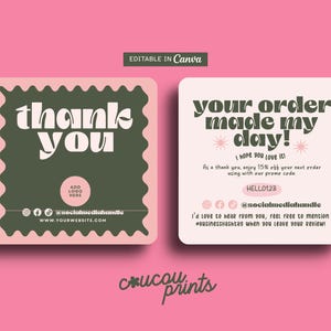 Puede incluir: Dos tarjetas cuadradas sobre un fondo rosa. Una tarjeta dice "thank you" en blanco, con un centro verde y un borde rosa ondulado. La otra dice "your order made my day!" con fondo rosa y texto verde.
