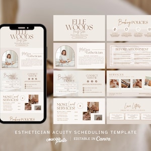 Puede incluir: Una plantilla digital para un sitio de programación de citas de esteticista, con una pantalla de teléfono inteligente y múltiples paneles de diseño en una paleta de colores beige neutro. El texto incluye Elle Woods Beauty Studio.