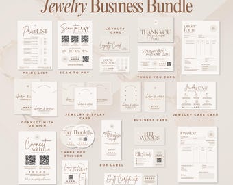 May include: A collection of printable stationery templates for a jewelry business, including price lists, thank you cards, display cards, and gift certificates. The designs feature a minimalist aesthetic with a neutral color palette and elegant typography. The text "Jewelry Business Bundle" is at the top.