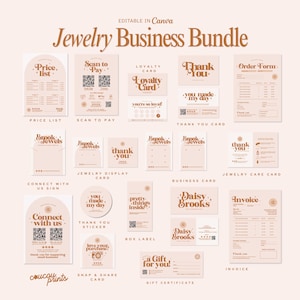 May include: A digital Jewelry Business Bundle template set featuring various printable documents in a soft beige color palette with brown typography. Includes price lists, order forms, invoices, loyalty cards, thank you cards, and jewelry display cards.