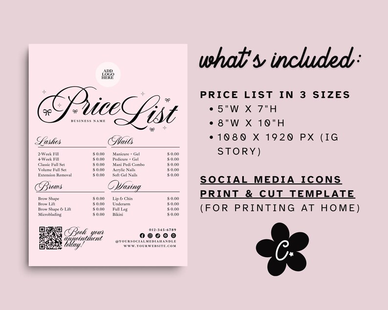 Editable Pink Price List Template Canva, Printable Payment Sign, Beauty ...