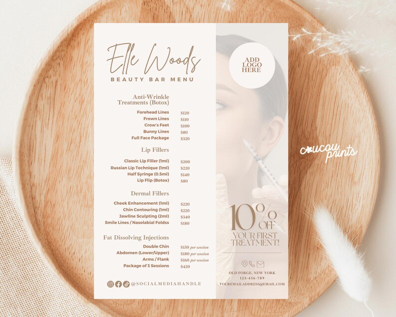 Aesthetic Price List Design Templates, Beauty Salon Botox Lip Filler Fat Removal Menu Catalog, Nurse Injector Price, MedSpa Price Menu, Elle image 3
