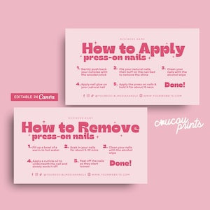 DIY How To App Press On Nails Anleitungskarte, bearbeitbare künstliche Nägel Anleitung und druckbare Nägel Visitenkarte Canva, Lola