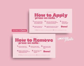 DIY How To Apply Press On Nails Instructions Card, Editable Fake Nails Instruction Guide Template, Printable Nails Business Card Canva, Lola