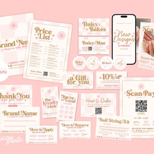 May include: A collection of branding materials for a nail studio featuring a light pink and white checkered pattern with gold text. Items include a price list, business cards, a smartphone display, thank you cards, and instructional cards for nail application, removal, and sizing.