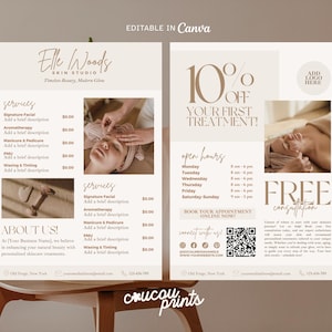 2-stronicowy szablon ulotki dla kosmetyczki, ulotka spa i wellness, ulotka usług pielęgnacji skóry, ulotka salonu piękności Instagram Hydrafacial Canva, Elle