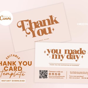 中小企業向けサンキューカードテンプレート、編集可能なご購入お礼カード、パッケージへのサンキュー挿入物、QRコードサンキューCanva - Daisy