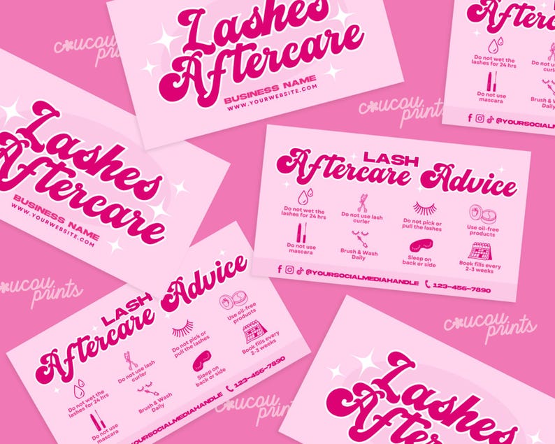 May include: Pink business cards with the text "Lashes Aftercare" in a retro font. The cards also include aftercare advice with icons and text. The background is a matching pink colour with starburst accents.