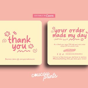 Cute Square Thank You Card Template, Printable Business Thank You Pastel, Thanks For Your Purchase Card Editable Package Insert Card Canva