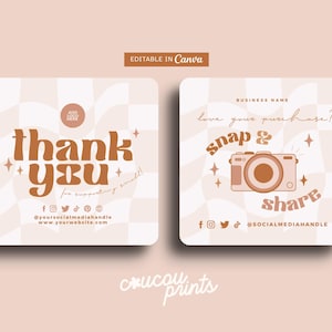 Retro Snap and Share-kaartsjabloon, bewerkbare socialemediakaart, invoegkaart voor DIY-bestelling, sjabloon Like & Connect with Us, Snap Tag Share, Coco