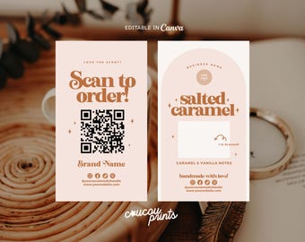 May include: Two rectangular cards with a light peach background and brown text. The left card features the text Scan to order!, a QR code, and social media icons. The right card features an arched top, the text salted caramel, and Caramel & Vanilla Notes.