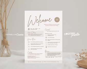 Plantilla de cartel de bienvenida de Airbnb, cartel de bienvenida editable para anfitriones de Airbnb, cartel de wifi de Airbnb, imprimible para alquileres vacacionales, normas de la casa de Airbnb, Elle