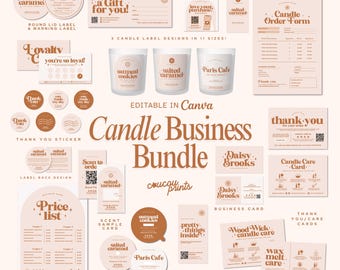 May include: A candle business branding bundle featuring editable templates in a light beige and brown color palette. Includes candle labels, order forms, price lists, thank you cards, business cards, and care instructions with retro typography.