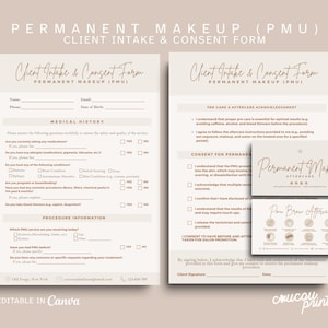 Formularios de maquillaje permanente, plantilla editable de formulario de consentimiento de PMU, consulta de maquillaje, tarjeta de cuidados posteriores de PMU, formularios imprimibles de admisión de clientes, Elle